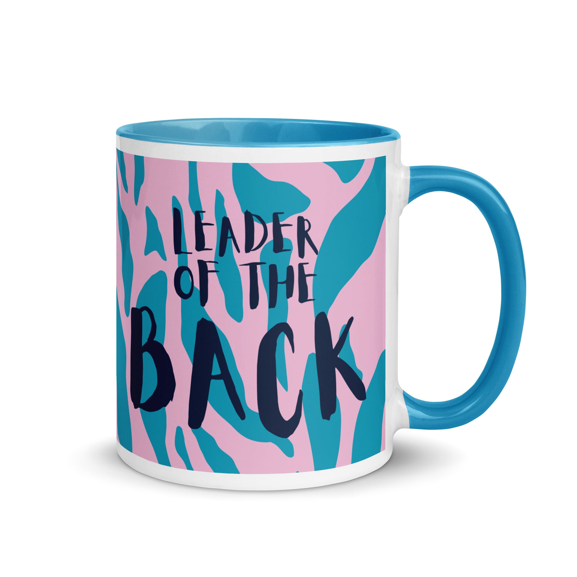 mug with blue and pink animal print, and blue handle with the phrase leader of the back across the front. a gift for slow runners