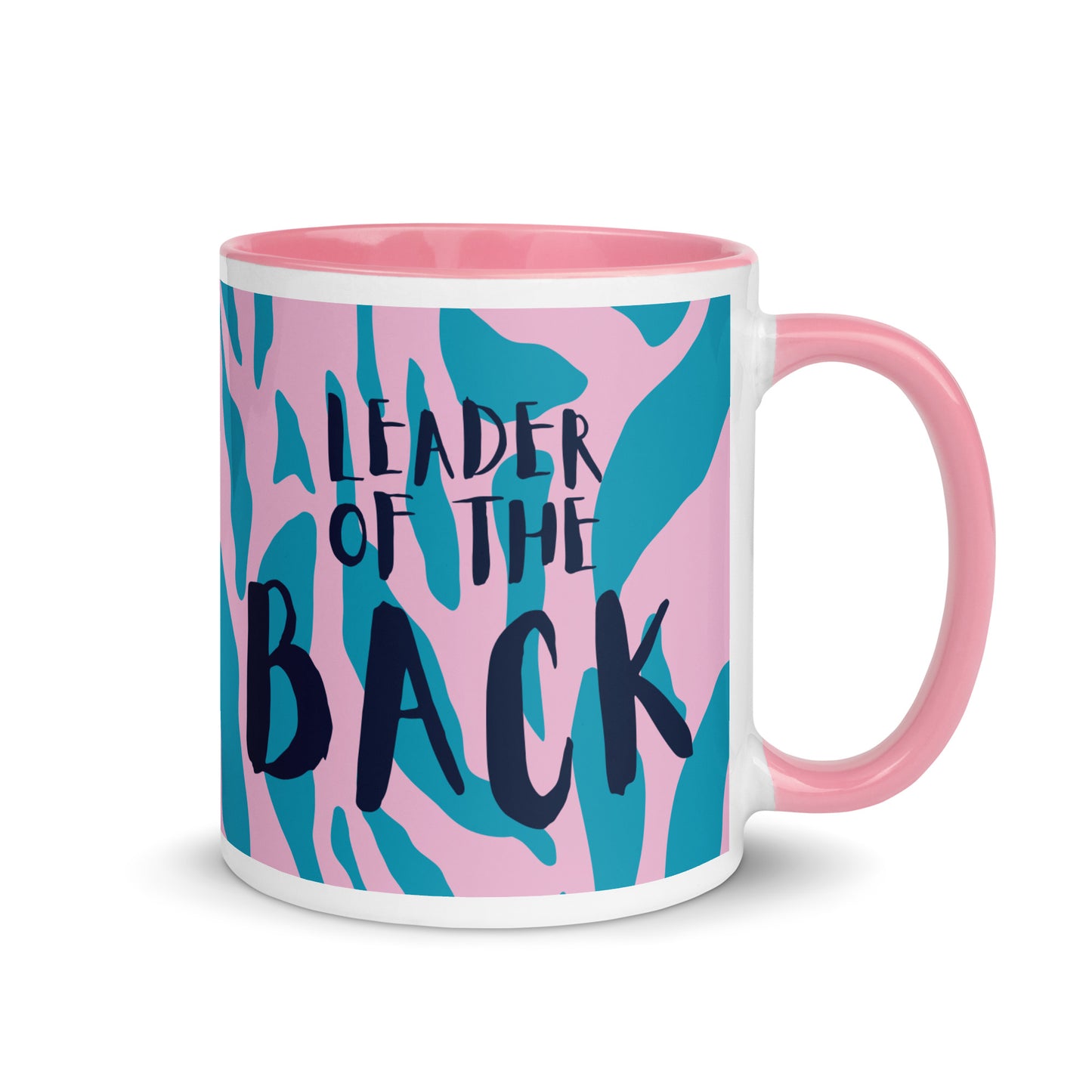 mug with blue and pink animal print, and pink handle with the phrase leader of the back across the front. a gift for slow runners