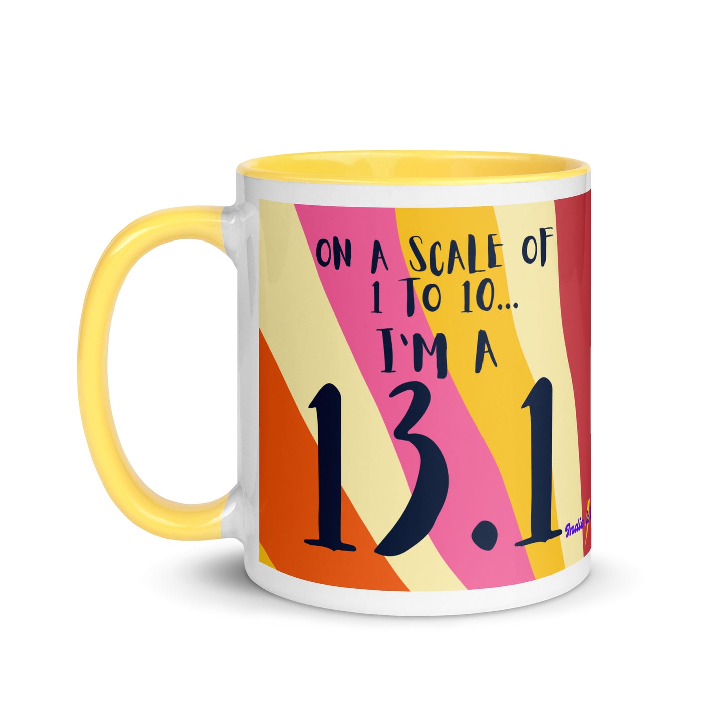yellow rimmed and handled mug with a colourful sun ray style design and the words on a scale of 1 to 10 I'm a 13.1. A gift for half marathon runners