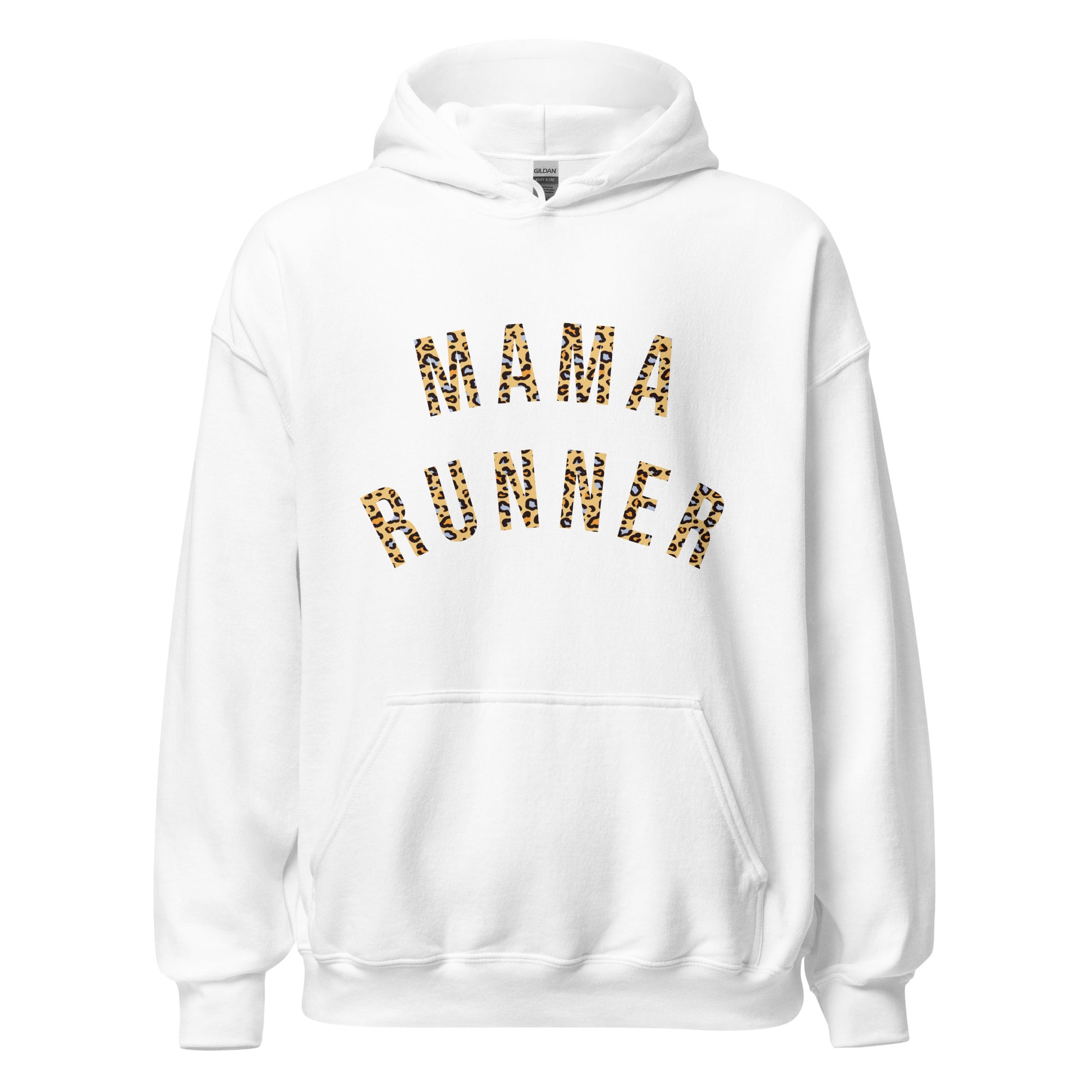 white hoodie with the words mama runner in a leopard print font, across the chest